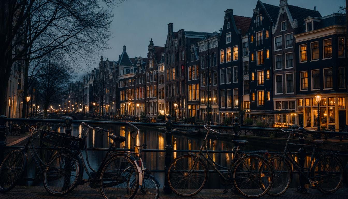 Gabled canal houses in Amsterdam at dusk, warm windows reflected in the water.