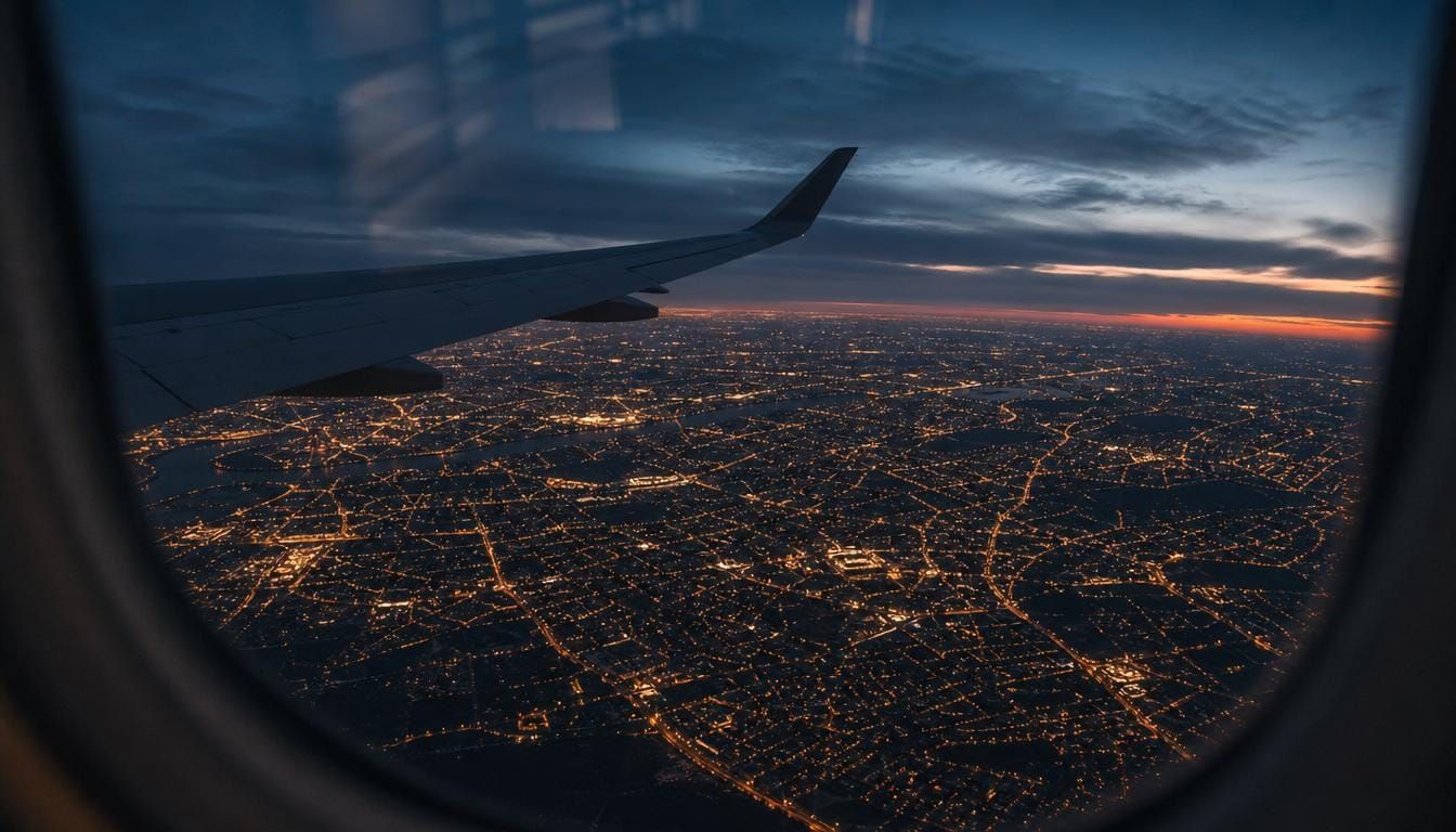 An aircraft wing over a European city at dusk, thousands of warm lights below.