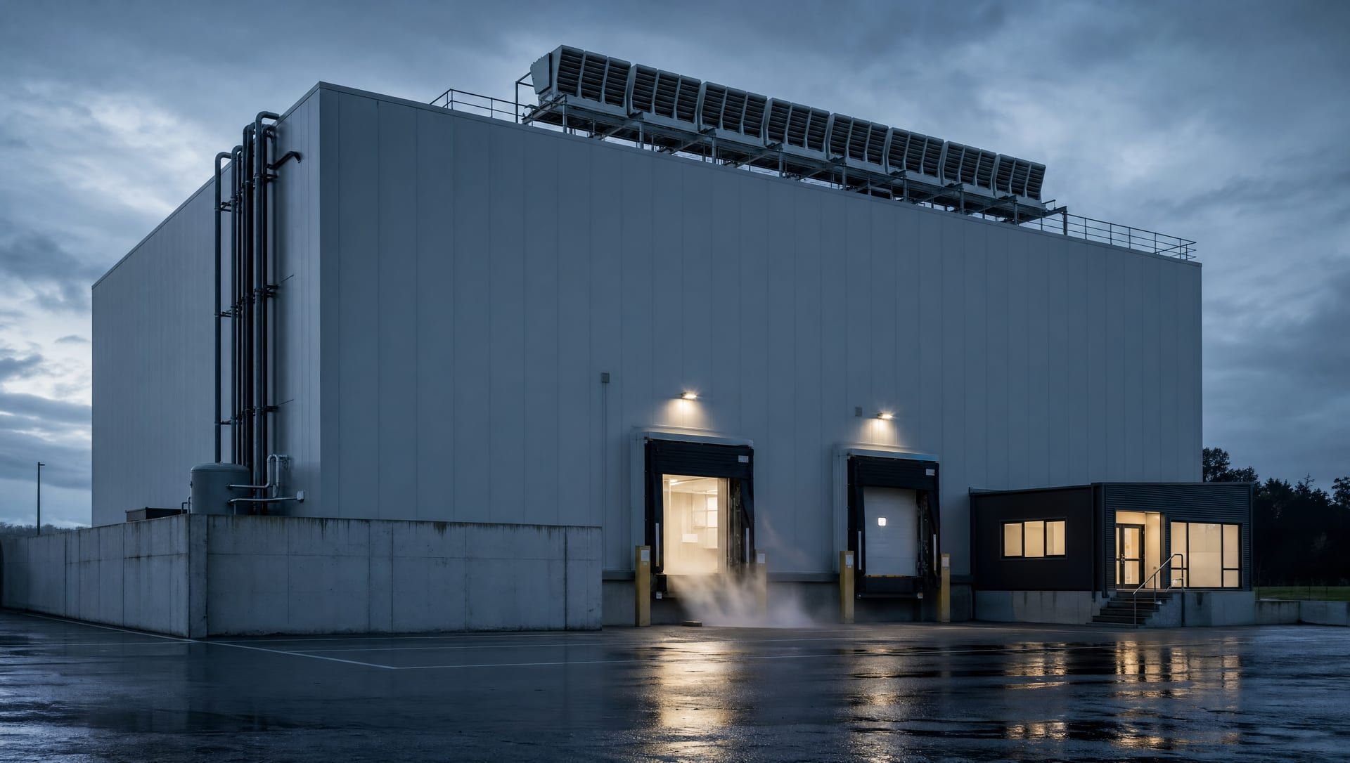A tall windowless insulated-panel cold store at dusk, refrigeration condensers along its roof and cold vapour at an open dock door.