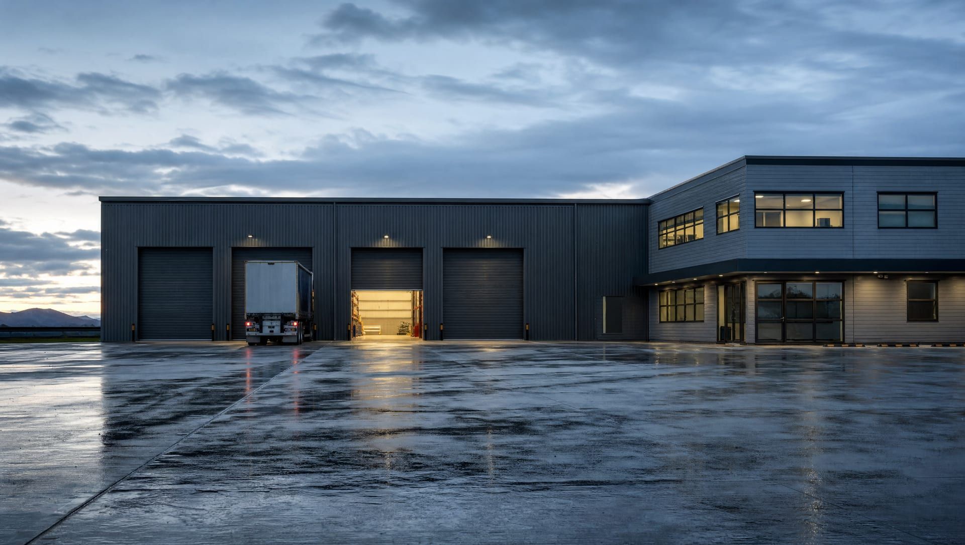 A long steel-clad distribution warehouse at dawn with four loading docks, one truck backed in, and a wet concrete yard.