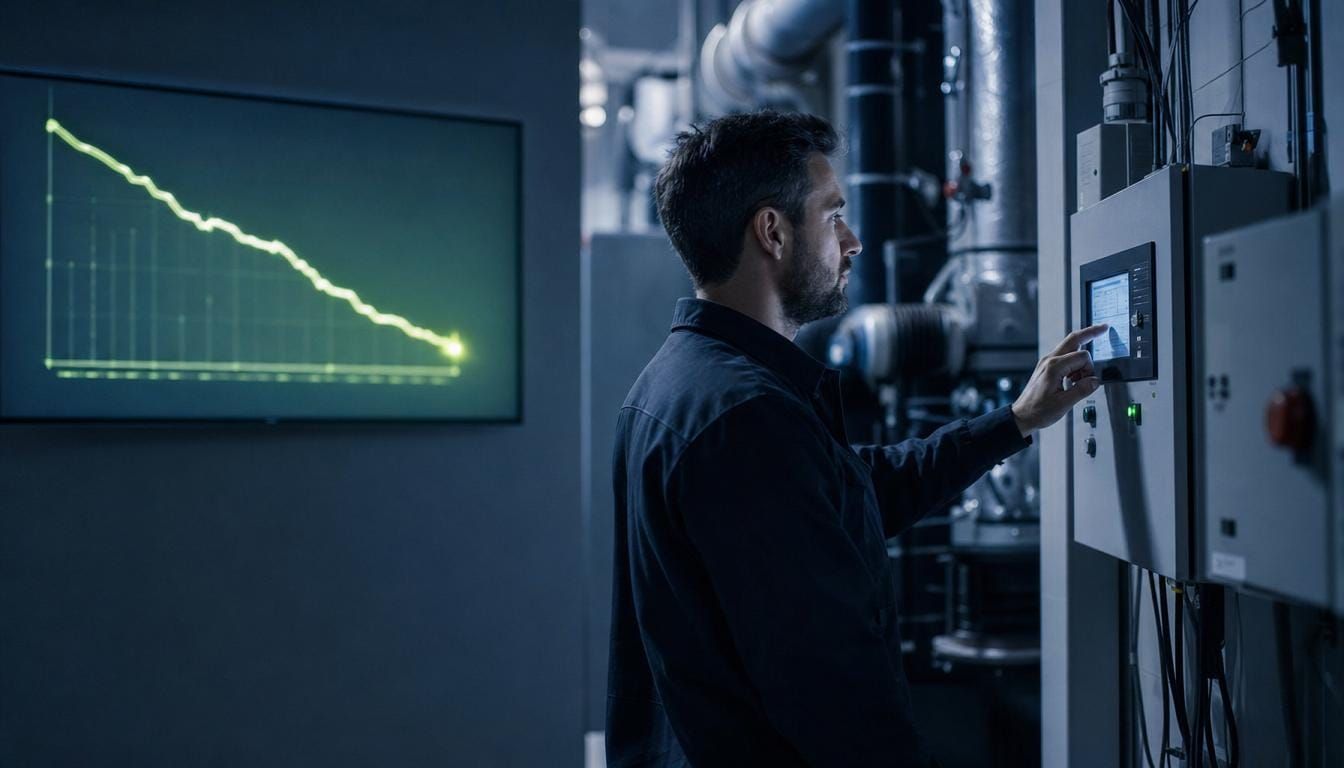 Engineer tuning HVAC controls in a plant room beside a falling energy-cost curve.