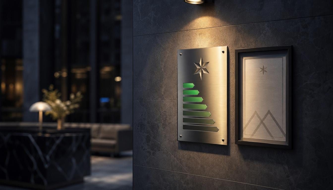 Building energy-rating plaque displayed in a premium commercial lobby.