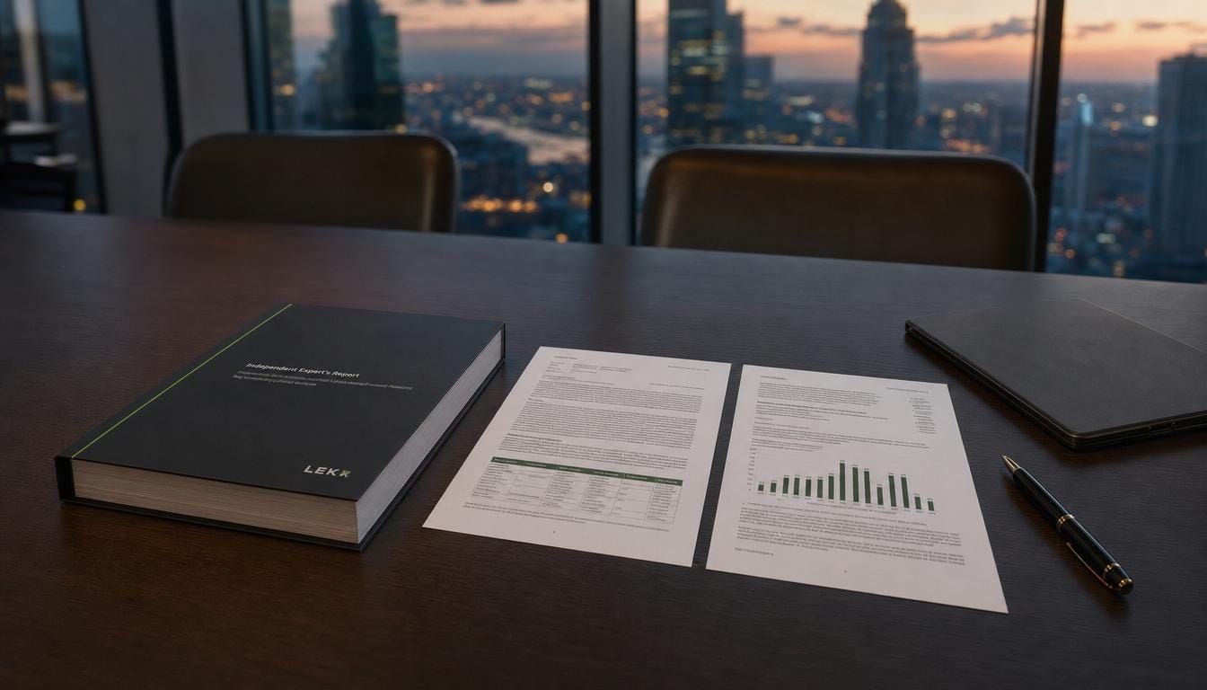 Board-ready evidence pack and performance reports on a boardroom table at dusk.