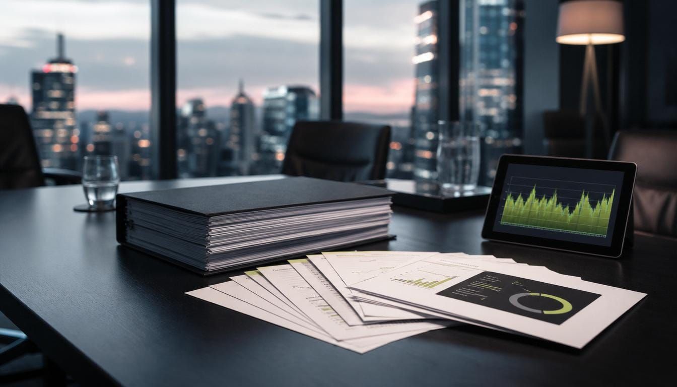 Board-ready evidence pack and performance reports on a boardroom table at dusk.