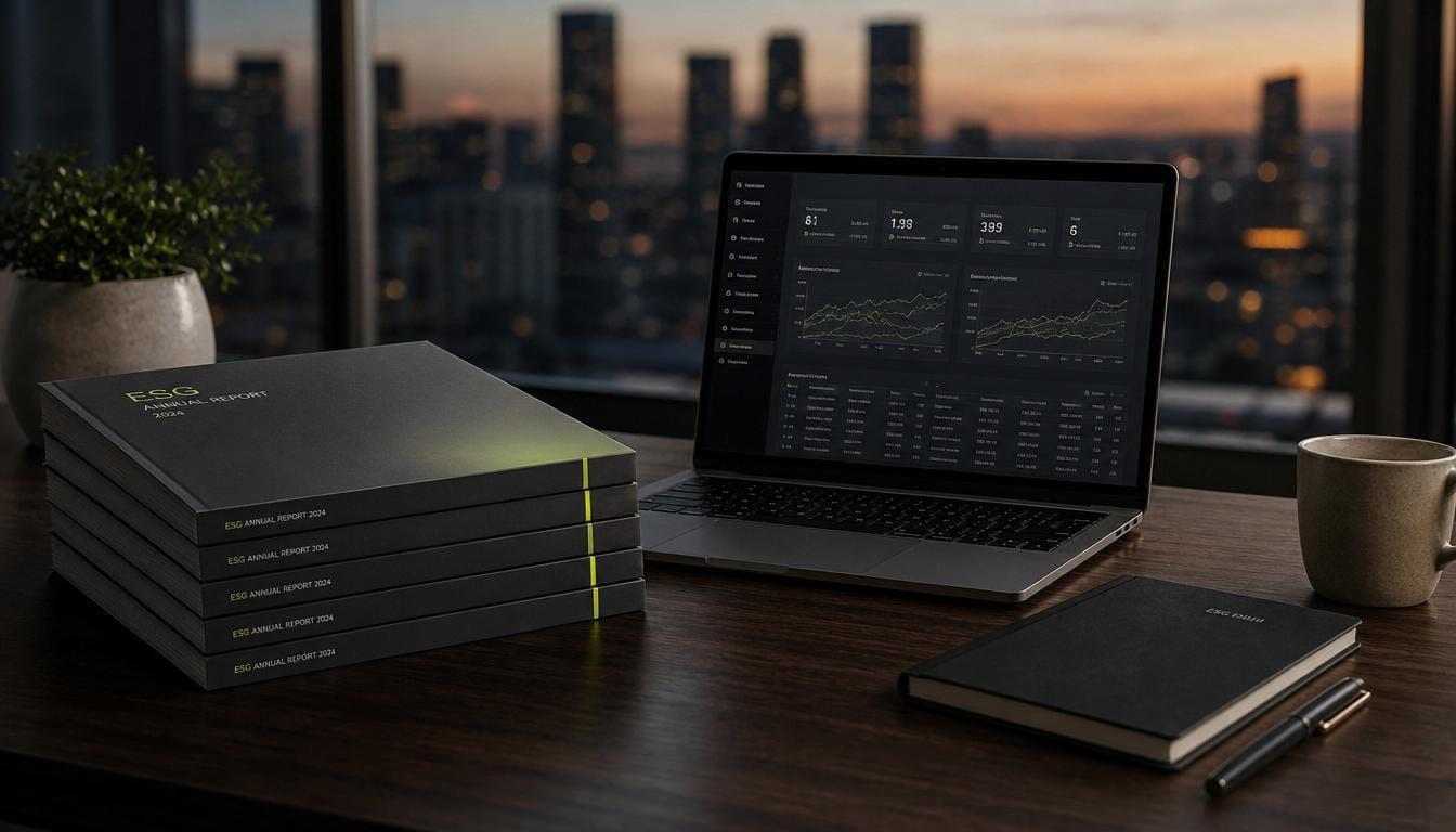 ESG and performance reporting workspace with bound reports and dashboards.