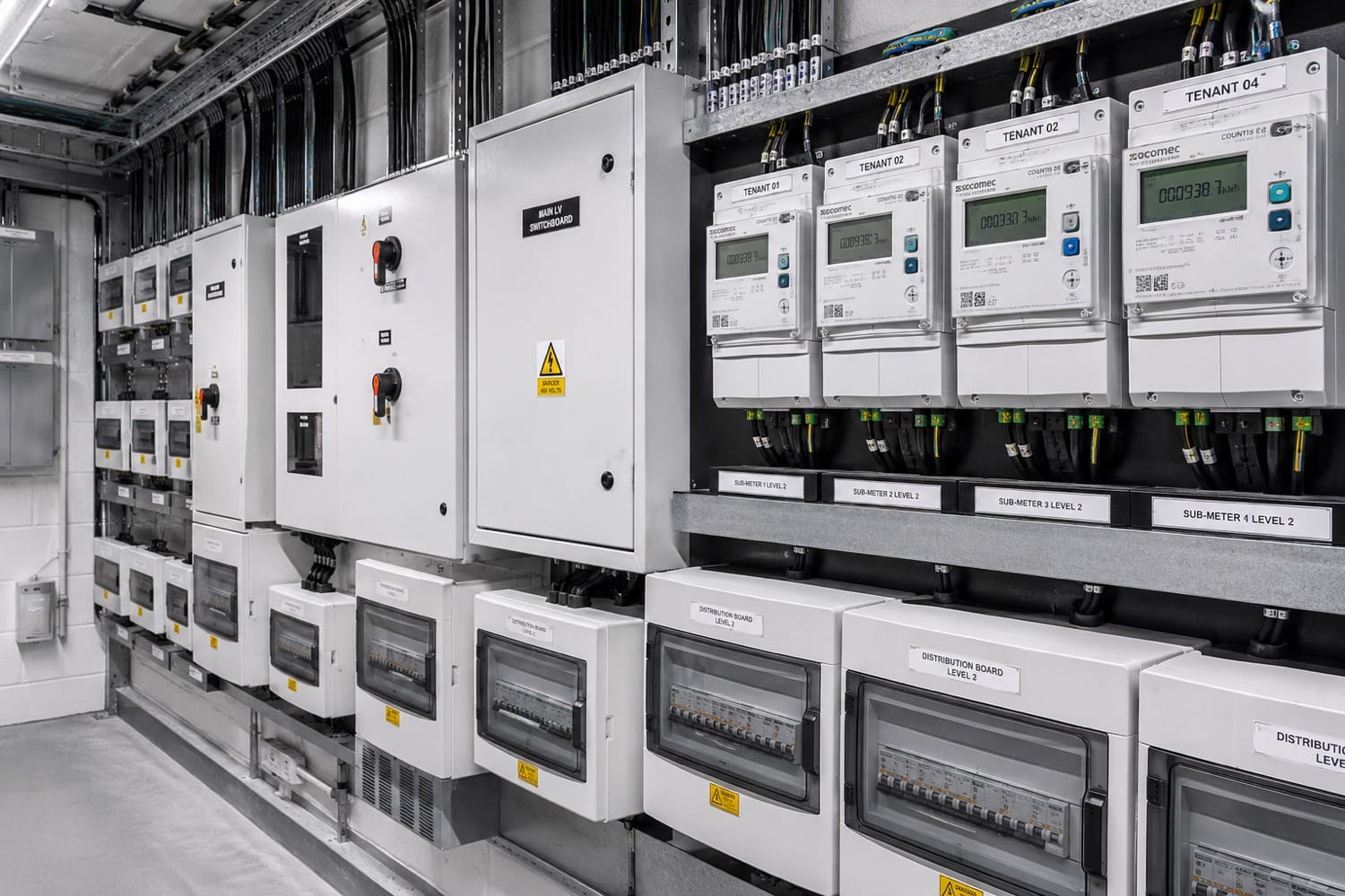 Energy metering and distribution boards in a building plant room.